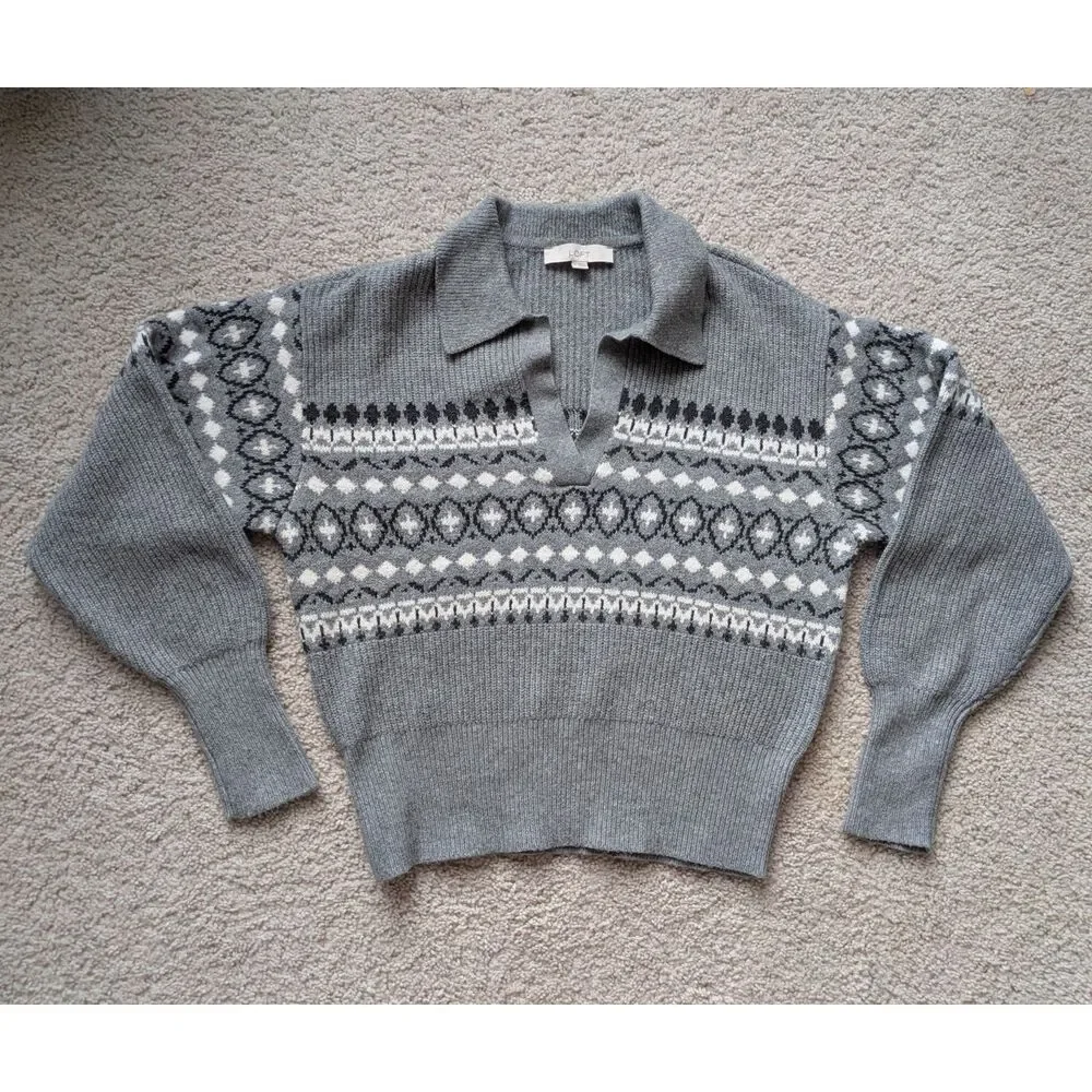 Ann Taylor LOFT Gray Soft Knitted Cropped Fair Isle Polo Sweater Sz M
